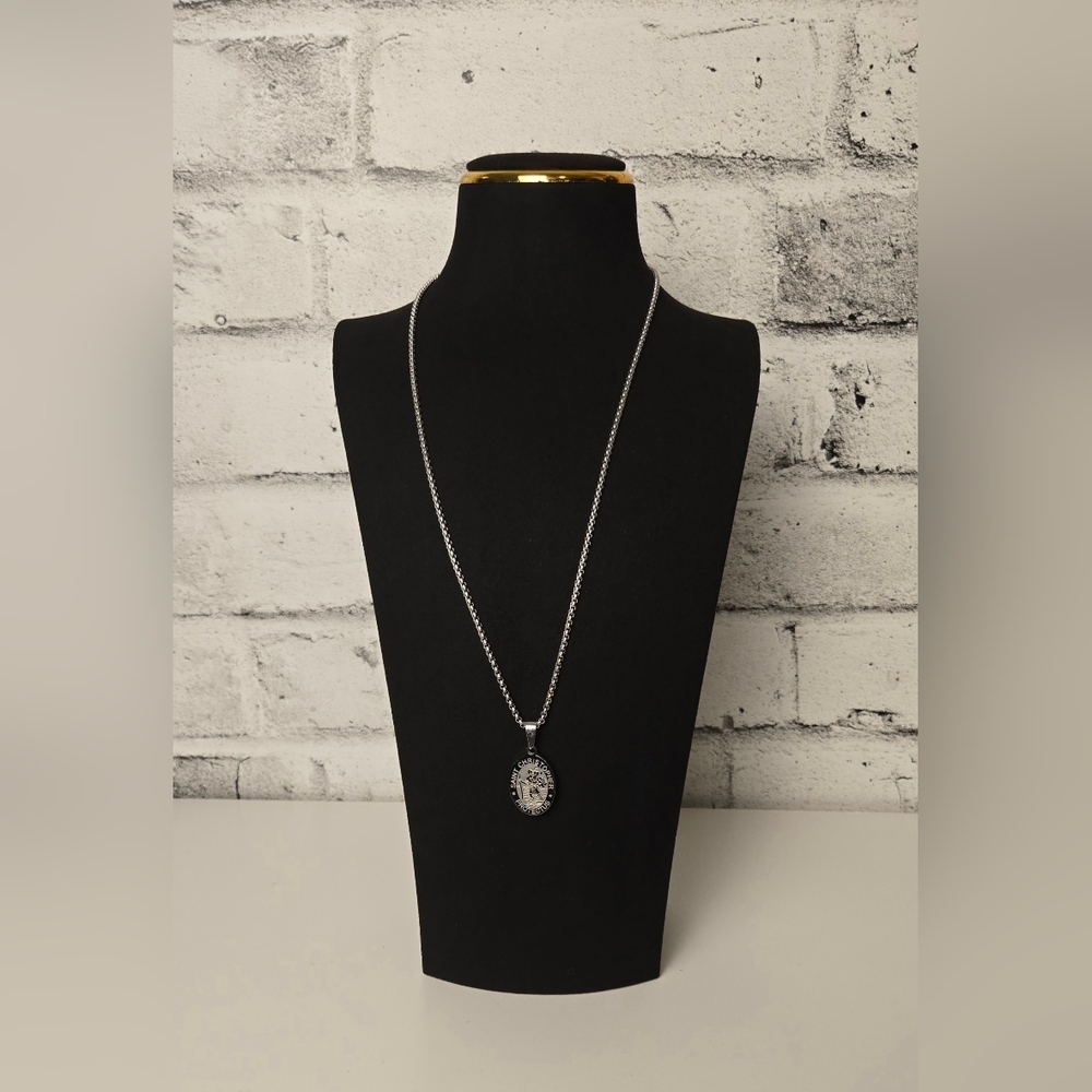 Stainless Steel Saint Christopher Protectus Pendant Necklace Unisex Chain